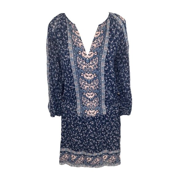 Joie Ariella 100% Silk Drop Waist Lined Navy Floral Dress Sz XS Boho Peasant - Picture 1 of 8